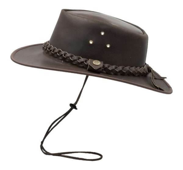 traveller hat brown side2 Whenever your headed outdoors, our classic Traveller Outback Hat is your trusted, everyday headwear. Our hat is crafted of naturally water resistant full grain cowhide distressed leather, trimmed with a Leather braided band which adds a fine finish to your leisure wardrobe. Crafted with a wide brim to protect from the summer shade, a chin cord to tighten in windy weather, our outback hat is practical and stylish for outdoor pursuits. Other features include Spring wire in brim, air vented brass eyelets (3 on both sides), Brass snap button on each side of the band, UPF 50+, printed Branded Walker and Hawkes logo on the inside crown and water resistant coating. Crown Height - Approx. 3 inchs (7.5cm) Brim Length - Approx. 3 inchs (7.5cm) Water Resistant Coating - to maintain this resistance, please condition with our leather waterproofing treatment from time to time. Produced to the highest standards by a manufacturer of top quality countrywear and derby clothing.