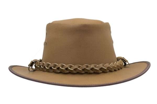 traveller hat tan front Whenever your headed outdoors, our classic Traveller Outback Hat is your trusted, everyday headwear. Our hat is crafted of naturally water resistant full grain cowhide distressed leather, trimmed with a Leather braided band which adds a fine finish to your leisure wardrobe. Crafted with a wide brim to protect from the summer shade, a chin cord to tighten in windy weather, our outback hat is practical and stylish for outdoor pursuits. Other features include Spring wire in brim, air vented brass eyelets (3 on both sides), Brass snap button on each side of the band, UPF 50+, printed Branded Walker and Hawkes logo on the inside crown and water resistant coating. Crown Height - Approx. 3 inchs (7.5cm) Brim Length - Approx. 3 inchs (7.5cm) Water Resistant Coating - to maintain this resistance, please condition with our leather waterproofing treatment from time to time. Produced to the highest standards by a manufacturer of top quality countrywear and derby clothing.