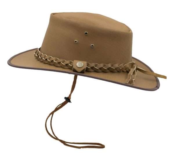 traveller hat tan side2 Whenever your headed outdoors, our classic Traveller Outback Hat is your trusted, everyday headwear. Our hat is crafted of naturally water resistant full grain cowhide distressed leather, trimmed with a Leather braided band which adds a fine finish to your leisure wardrobe. Crafted with a wide brim to protect from the summer shade, a chin cord to tighten in windy weather, our outback hat is practical and stylish for outdoor pursuits. Other features include Spring wire in brim, air vented brass eyelets (3 on both sides), Brass snap button on each side of the band, UPF 50+, printed Branded Walker and Hawkes logo on the inside crown and water resistant coating. Crown Height - Approx. 3 inchs (7.5cm) Brim Length - Approx. 3 inchs (7.5cm) Water Resistant Coating - to maintain this resistance, please condition with our leather waterproofing treatment from time to time. Produced to the highest standards by a manufacturer of top quality countrywear and derby clothing.