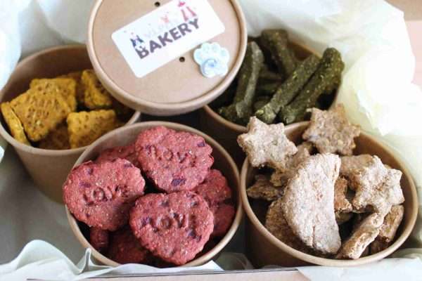 IMG 0925 scaled A months supply of healthy Super Food Treats. 4 pots with Yummy Dog Treats Spinach BIscuit Bones x 20 Turmeric and Black Pepper 'Thank You' Biscuits x 24 Beetroot Love Heart Biscuits x 16 Chamomile Night Time Biscuit 'Moon and Stars'  x 30