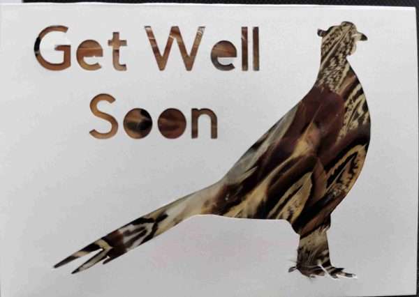 USJKE1386 scaled Beautiful Feather inlayed Get Well Soon Card, with the feathers enclosed on the inside of the card. Feathers used are the Ring neck feathers of the pheasant for the male pheasant and stag, hen bird feathers for the females and partridge. The cards are A6 in size, A5 are available in other listings.