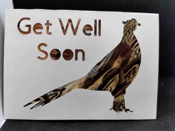 il fullxfull.2243347086 76kf scaled Beautiful Feather inlayed Get Well Soon Card, with the feathers enclosed on the inside of the card. Feathers used are the Ring neck feathers of the pheasant for the male pheasant and stag, hen bird feathers for the females and partridge. The cards are A6 in size, A5 are available in other listings.