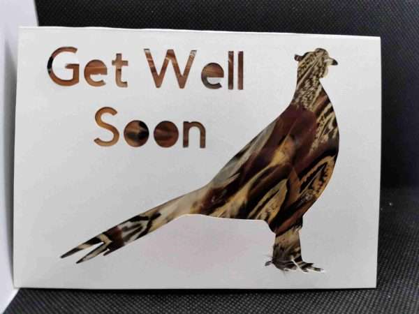 il fullxfull.2243347164 90m7 scaled Beautiful Feather inlayed Get Well Soon Card, with the feathers enclosed on the inside of the card. Feathers used are the Ring neck feathers of the pheasant for the male pheasant and stag, hen bird feathers for the females and partridge. The cards are A6 in size, A5 are available in other listings.