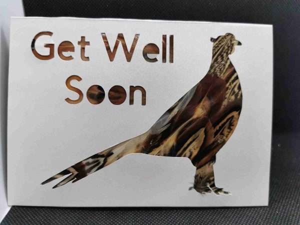 il fullxfull.2243347608 9799 scaled Beautiful Feather inlayed Get Well Soon Card, with the feathers enclosed on the inside of the card. Feathers used are the Ring neck feathers of the pheasant for the male pheasant and stag, hen bird feathers for the females and partridge. The cards are A6 in size, A5 are available in other listings.