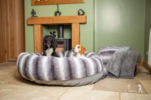 Collared Creatures Grey Luxury Deluxe Donut Dog Bed with 2 dogs in