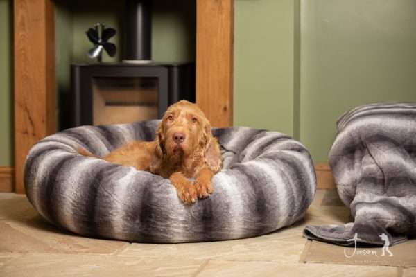 Collared Creatures Grey Luxury Deluxe Donut Dog Bed with Evie sat up