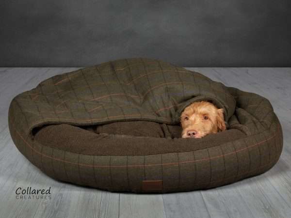 Collared Creatures Green Tweed Classic Comfort Cocoon Dog Bed with Evie