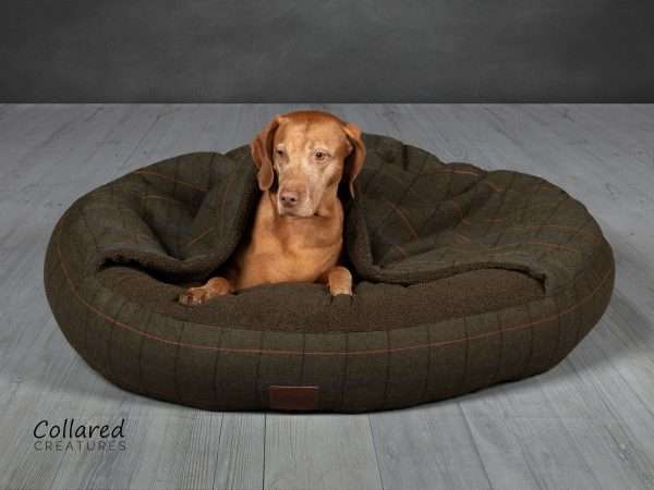 Collared Creatures Green Tweed Classic Comfort Cocoon Dog Bed ruby
