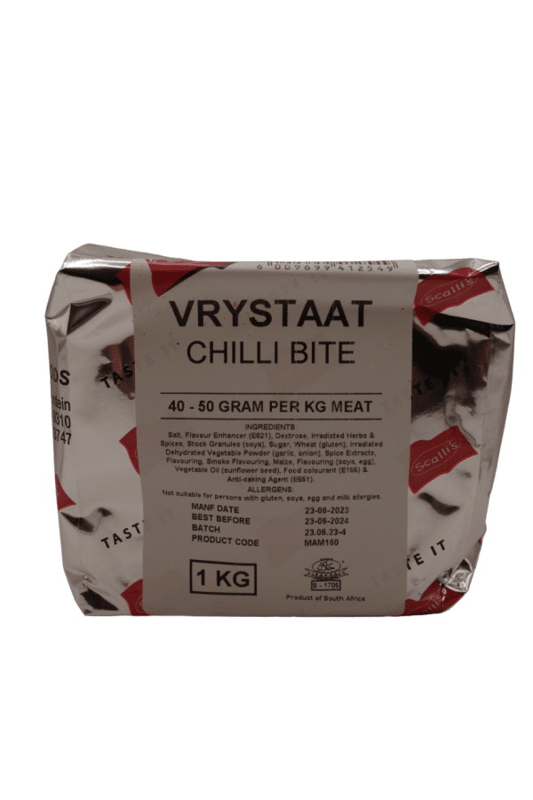 Vrystaat Chilli Bite Spice 1kg Scallis <span style="text-decoration: underline"><strong>Description:</strong></span> This hot chilli bite seasoning is fantastic for creating Chilli Biltong, Chilli Bites and Chilli sticks and even Chilli dry wors.  What makes this spice unique is the Scalli's Worcester Sauce Braai mix already added for extra flavour and some smoke liquid to give your product a really nice taste. <u><strong>How to use:</strong></u> 40 - 50 gram of spices per 1 kilogram meat  