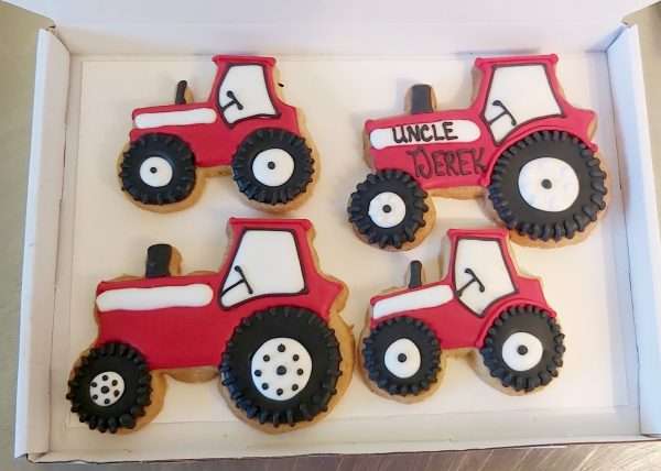 processed 1 Letter box Friendly Tractor Butter Shortbread Biscuits. Available red,gree,blue tractors