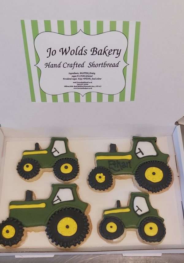 processed 3 Letter box Friendly Tractor Butter Shortbread Biscuits. Available red,gree,blue tractors