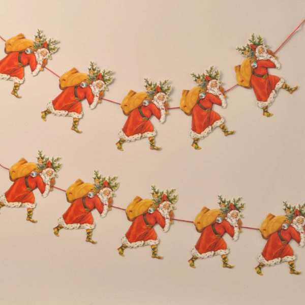 Garland Father Christmas R24 1 If you're looking to add that special something to your festive celebrations, Mamelok garlands create a sense of the traditional Victorian Christmas. This beautiful garland features ten repeated motifs of Father Christmas carrying a Christmas tree and sack of presents. Manufactured and hand finished with love in the United Kingdom, our garlands are all printed on high-quality card before being diecut and embossed to highlight the nuances of the image. Each garland comes strung and ready to hang along your mantelpiece, feature wall or staircase and measures approximately 3m x 196mm. Free postage and packing.