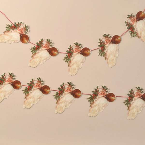 Garland Santa Head R117 If you're looking to add that special something to your festive celebrations, Mamelok garlands create a sense of the traditional Victorian Christmas. This beautiful garland features ten motifs of Santa blowing a horn. Manufactured and hand finished with love in the United Kingdom, our garlands are all printed on high-quality card before being diecut and embossed to highlight the nuances of the image. Each garland comes strung and ready to hang along your mantelpiece, feature wall or staircase and measures approximately 3m x 125mm. Free postage and packing.