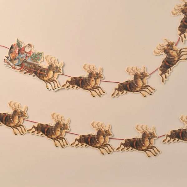 Garland Santa Sleigh R87 If you're looking to add that special something to your festive celebrations, Mamelok garlands create a sense of the traditional Victorian Christmas. This beautiful garland features nine motifs of santa on his sleigh and reindeers. Manufactured and hand finished with love in the United Kingdom, our garlands are all printed on high-quality card before being diecut and embossed to highlight the nuances of the image. Each garland comes strung and ready to hang along your mantelpiece, feature wall or staircase and measures approximately 3m x 125mm. Free postage and packing.