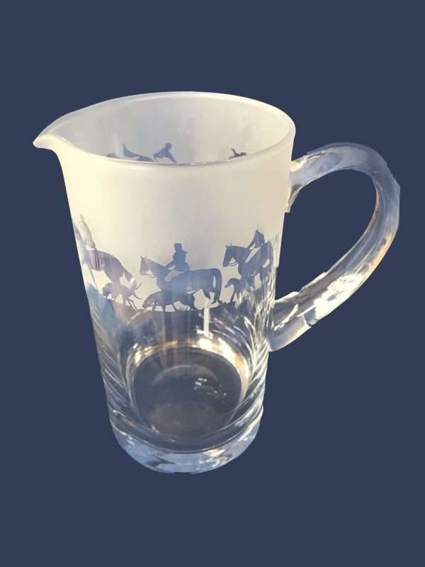 Hunting Jug enhanced Beautiful Crystal Glass Jug with a hunting scene running around the top. Hand decorated in England using traditional sand blasting techniques. The jug is 19cm high and 10cm diameter.