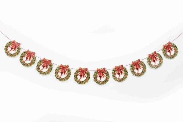 Mamelok R120G Glittered Wreath Garland scaled If you're looking to add that special something to your festive celebrations, Mamelok garlands create a sense of the traditional Victorian Christmas. A beautiful die-cut and embossed garland featuring ten repeated images of a Victorian Christmas holly wreath. Brought to life with stunning sparkly red glitter. A perfect addition to your decorations to recreate a little Victorian magic. Manufactured and hand finished with love in the United Kingdom, our garlands are all printed on high-quality card before being diecut and embossed to highlight the nuances of the image. Each garland comes strung and ready to hang along your mantelpiece, feature wall or staircase and measures approximately 3m x 145mm. Free postage and packing.