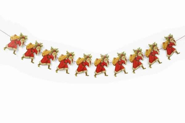 Mamelok R24 Santa Sack Garland scaled If you're looking to add that special something to your festive celebrations, Mamelok garlands create a sense of the traditional Victorian Christmas. This beautiful garland features ten repeated motifs of Father Christmas carrying a Christmas tree and sack of presents. Manufactured and hand finished with love in the United Kingdom, our garlands are all printed on high-quality card before being diecut and embossed to highlight the nuances of the image. Each garland comes strung and ready to hang along your mantelpiece, feature wall or staircase and measures approximately 3m x 196mm. Free postage and packing.