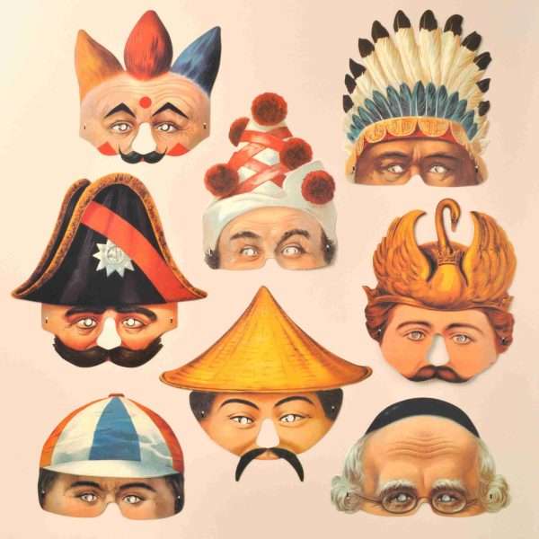 Mamelok R441 Stockholms Leksaksmuseum2 masks scaled Mamelok masks have been popular around the world for decades as they bring parties and social events to life. This set of eight attractive Victorian reproduction masks features characters from the Stockholm Leksaksmuseum - set 2, making them ideal for private celebrations, birthdays, wedding receptions and theatrical performances alike. Unlike many masks on the market ours are half face, enabling you to continue wearing them and stay in character whilst eating and drinking. Manufactured and hand finished with love in the United Kingdom, our masks are all printed on high-quality card before being diecut and embossed to highlight the nuances of the image. Each mask comes strung and ready to use. Free postage and packing.