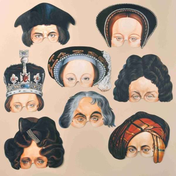 Mamelok R469 National Portrait Gallery masks scaled Mamelok masks have been popular around the world for decades as they bring parties and social events to life. This set of eight attractive Victorian reproduction masks features characters from the National Portrait Gallery. Includes masks of Queen Victoria, Anne Boleyn, Catherine Parr, Sir Christopher Wren, Princess Adelaide of Saxe-Coburg Meiningen, Horatio Nelson, Lord Byron and Sir Thomas More, making them ideal for private celebrations, birthdays, wedding receptions and theatrical performances alike. Unlike many masks on the market ours are half face, enabling you to continue wearing them and stay in character whilst eating and drinking. Manufactured and hand finished with love in the United Kingdom, our masks are all printed on high-quality card before being diecut and embossed to highlight the nuances of the image. Each mask comes strung and ready to use. Free postage and packing.