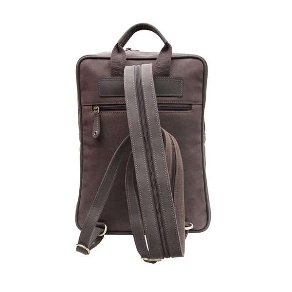 backpack rear web Goodbye cumbersome backpack and hello chic and stylish. The gently rounded corners and combination of waxed canvas and leather elevate this from an ordinary backpack to an elegant bag you happen to wear on your back!