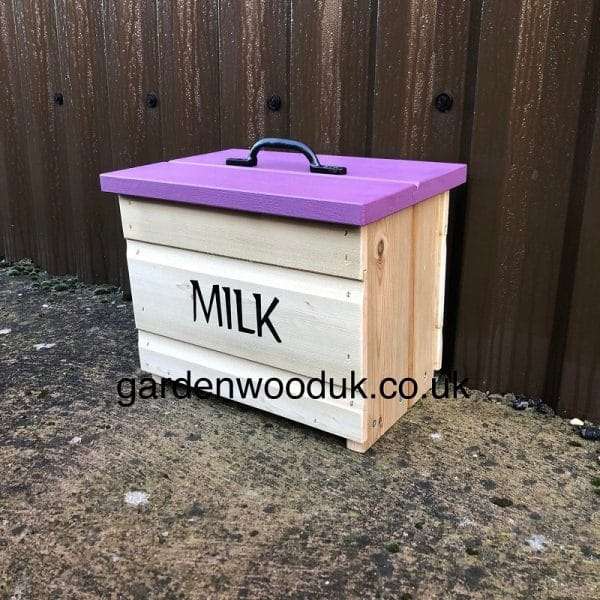 6GB Purple Handmade Wooden Doorstep Milk Box Suitable to fit 6x 1pt Glass Bottles. Price includes UK Mainland Delivery. Surcharges may apply to remote areas.  