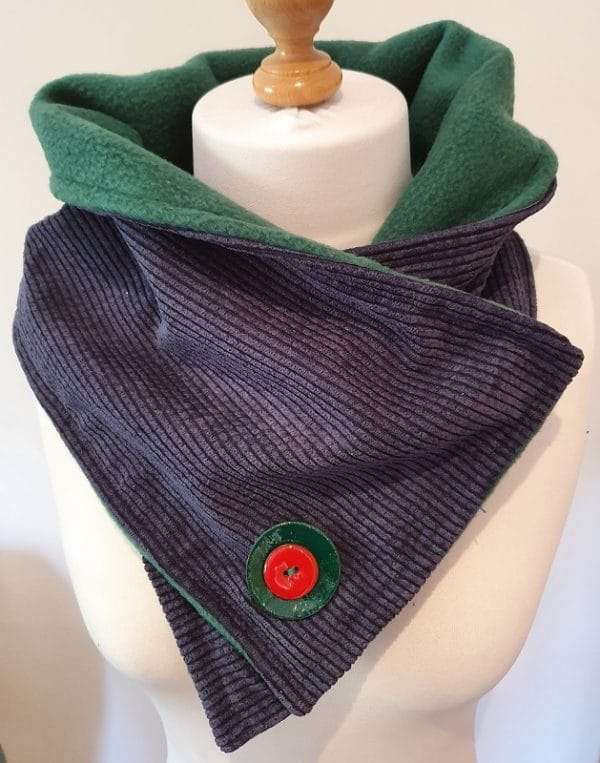 Blue cord green fleece 800 Handmade fleece lined neck warmer. Free postage & packaging