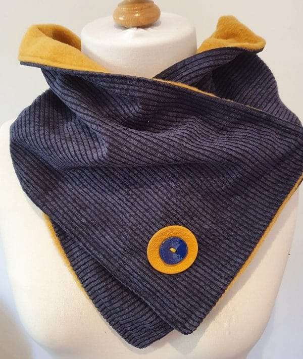 Blue cord mustard fleece 800 Handmade fleece lined neck warmer <strong>Machine washable</strong>