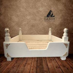 Untitled design A beautiful elegant handmade raised dog bed, finished in cream with just a hint of gold, and a plain slatted base. This lovely bed will compliment any country kitchen, hallway or sitting room. The bed comes with a plain slatted base for ease of cleaning, and is durable, stylish and cosy. Width 25" (64cm) Length 25" (64cm) Height (inc corner post) 13" (34cm) Depth 4" (10.6cm) cushions/bedding not included.