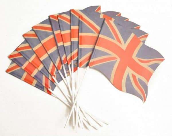 D753 Faded Union Jack Handwavers A pack of ten paper Union Jack wavy handwaving flags with plastic flagpoles. Perfect for celebrating British events such as the Queen's Platinum Jubilee, VE Day, village fetes and street parties. This product is made in the U.K.
