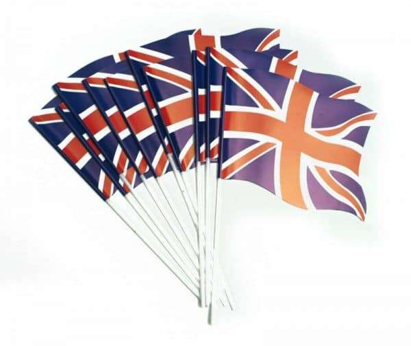 D753 Union Jack Handwavers A pack of ten paper Union Jack wavy handwaving flags with plastic flagpoles. Perfect for celebrating British events such as the Queen's Platinum Jubilee, VE Day, village fetes and street parties. This product is made in the U.K.