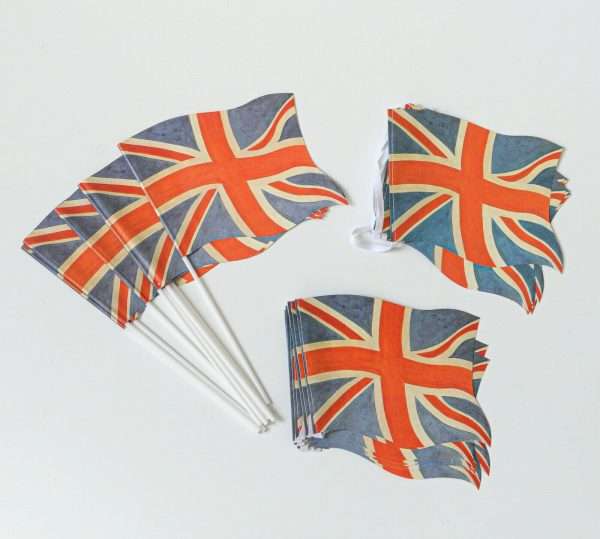 D755 Faded Union Jack Handwaver Bunting pack A pack of ten paper Union Jack wavy handwaving flags with plastic flagpoles. Perfect for celebrating British events such as the Queen's Platinum Jubilee, VE Day, village fetes and street parties. This product is made in the U.K.