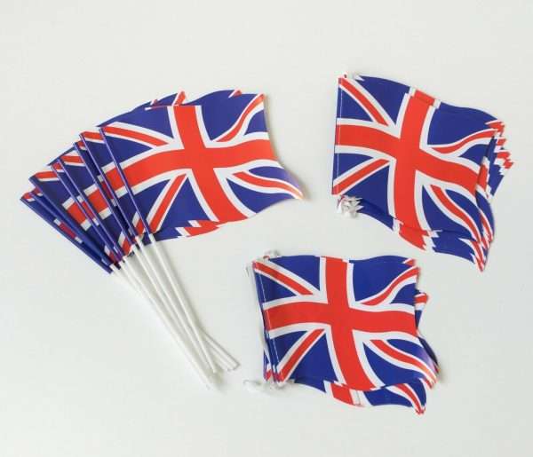 D755 Union Jack Handwaver Bunting Pack A pack of ten paper Union Jack wavy handwaving flags with plastic flagpoles. Perfect for celebrating British events such as the Queen's Platinum Jubilee, VE Day, village fetes and street parties. This product is made in the U.K.