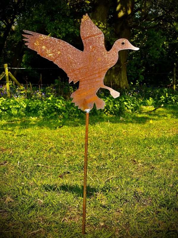 WELCOME TO THE RUSTIC GARDEN ART SHOP Here we have one of our. Rustic Metal Flying Duck Garden Art Sculpture Sizes & Measurements:
35cm x 30cm (excluding stake) ** PLEASE NOTE THE STAKES ARE APPROX 30-40CM** Made From 2mm Mild Steel.