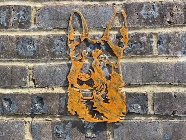WELCOME TO THE RUSTIC GARDEN ART SHOPâ€¦â€¦ Here we have one of our. Large Exterior German Sheperd Alsatian Dog Garden Wall House Gate Sign Hanging Rusty Rustic Metal Art Sizes & Measurements:
50cm x 27cm Made From 2mm Mild Steel.