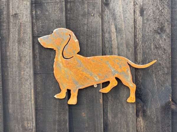 WELCOME TO THE RUSTIC GARDEN ART SHOP Here we have one of our. Large Exterior Dachshund Sausage Dog Garden Wall House Gate Sign Hanging Rusty Rustic Metal Art Sizes & Measurements: 44cm x 30cm Made From 2mm Mild Steel.