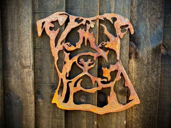 WELCOME TO THE RUSTIC GARDEN ART SHOP Here we have one of our. Large Exterior Rustic Rusty Staffordshire Bull Terrier Staffy Dog Head Garden Wall Hanger House Gate Sign Hanging Metal Art Sculpture Sizes & Measurements: 50cm x 57cm Made From 3mm Mild Steel.