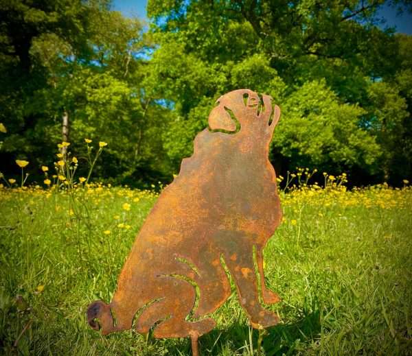 WELCOME TO THE RUSTIC GARDEN ART SHOP! Here we have one of our. Large Exterior Rustic Rusty Metal Pug Dog Garden Stake Art Sculpture Gift Sizes & Measurements:
46cm x 50cm Made From 2mm Mild Steel.