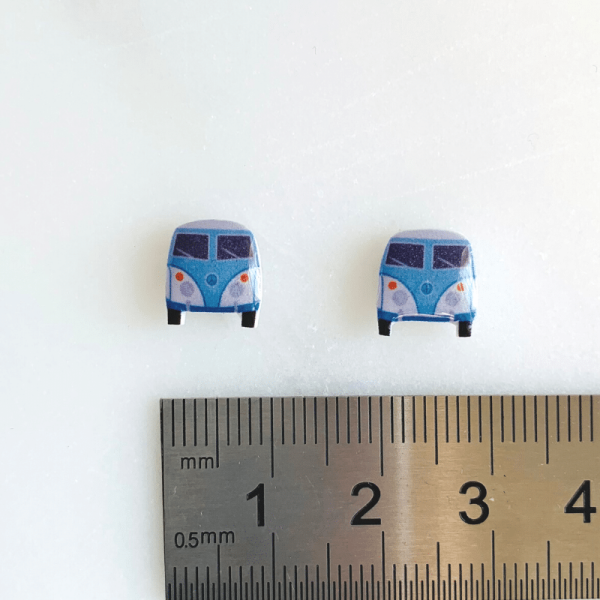 ruler size reference of blue vintage camper van earrings