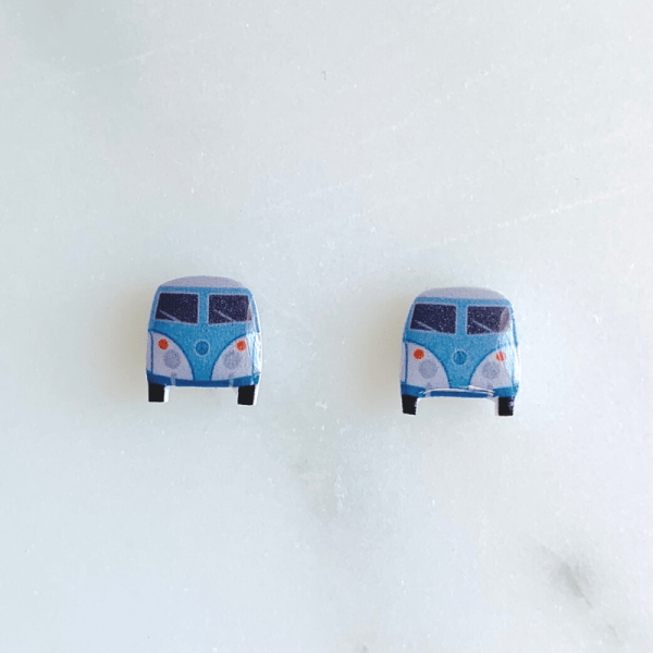 Front of blue vintage camper van earrings
