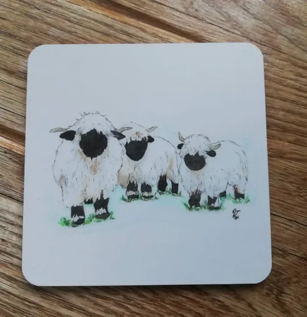 3D3ED667 805E 4D2E B484 EE11CFB5E5C5 A Valais Blacknose Sheep coaster, produced from my original watercolour painting.  Cork backed.