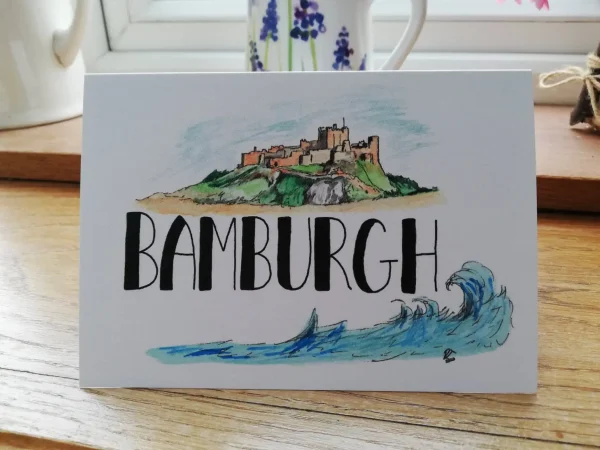 43832D6F A960 4F08 BEA7 B4FCC6FD50E6 Bamburgh Castle, Northumberland - blank greeting card ready for your own message. A lovely view from the coast in Northumberland