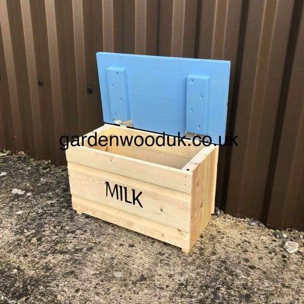 4GB Blue Hinged Handmade Wooden Doorstep Milk Box Suitable to fit 4x 1pt Glass Bottles OR 2x 1pt Glass Bottles and 6 Eggs Price includes UK Mainland Delivery. Surcharges may apply to remote areas.  