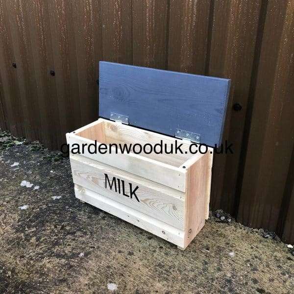 4gb Dark Grey Hinged 1 Handmade Wooden Doorstep Milk Box Suitable to fit 4x 1pt Glass Bottles OR 2x 1pt Glass Bottles and 6 Eggs Price includes UK Mainland Delivery. Surcharges may apply to remote areas.  
