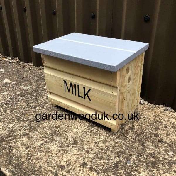 6gb Light Grey Hinged Handmade Wooden Doorstep Milk Box Suitable to fit 6x 1pt Glass Bottles. Price includes UK Mainland Delivery. Surcharges may apply to remote areas.  