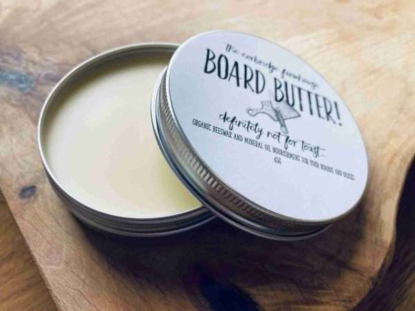 Board butter pic scaled Board Butter for the nourishment and protection of your boards, blocks and other kitchen bits and bobs. Organic beeswax and mineral oil.
