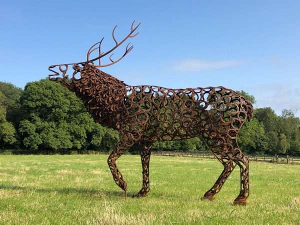 NEW BELLOWING STAG SCULPTURE Elliott of London Our NEW Bellowing Stag Sculpture 2019 A large full size stag handmade from Upcycled metal horse shoes, grazing in the grass. One of a kind, all handmade and bespoke! Approximate Overall Dimensions L= 300cm H= 250cm W= 80cm   Asking Price £6,450 Limited Edition 1 of 1 One-Off Sculpture   Delivery and Installation Services Available - Worldwide Shipping and International Delivery Available! All Enquiries Welcome - Available to Buy, as well as long term and short term hire!   Studio Office - 01494758896 Charles - 07591730415 Email: info@elliottoflondon.co.uk Website: www.elliottoflondon.co.uk Viewing Welcome by Appointment only