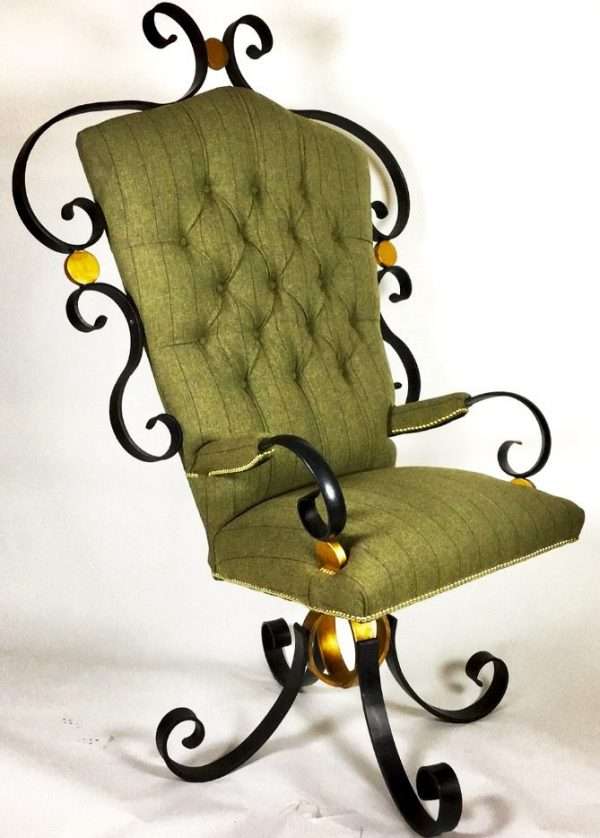 download 44 3 British Luxury Handcrafted Tweed Executive Chair   CEO Office Swivel Chair Traditionally Handmade Ironwork with an elaborate country tweed twist Designed and created by Charles Elliott, using traditional and modern techniques to create luxurious hand forged black and gold Ironwork. Upholstered by Ruth Browning Traditionally using high quality horsehair, metal springs and hand stitched webbing. Covered in various layers of padding and finished in a luxury green and purple Tweed with brass stud work.   Viewing welcome by appointment only   Worldwide Shipping Available! All Commissions Welcome www.elliottoflondon.co.uk info@elliottoflondon.co.uk
