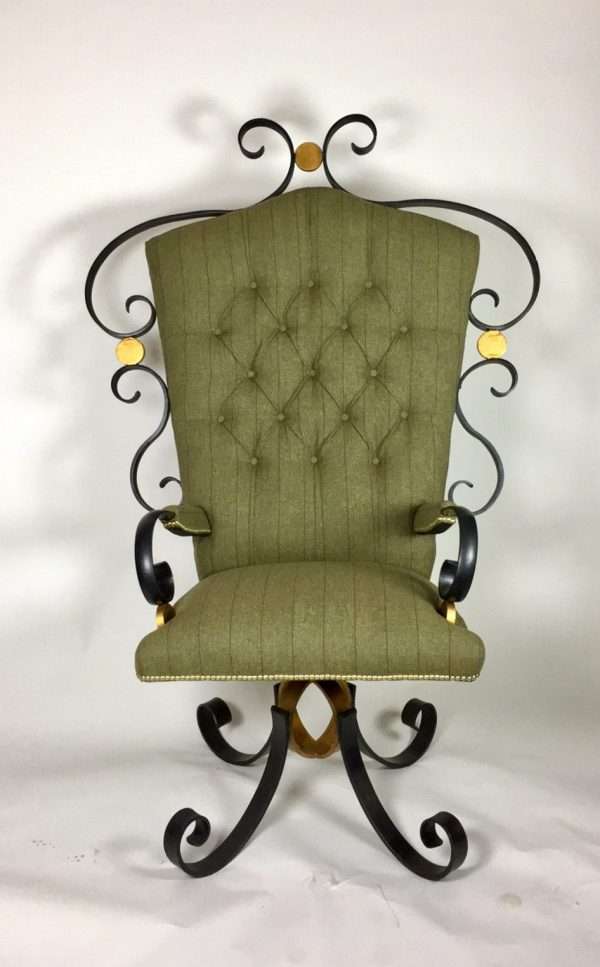 download 45 2 British Luxury Handcrafted Tweed Executive Chair   CEO Office Swivel Chair Traditionally Handmade Ironwork with an elaborate country tweed twist Designed and created by Charles Elliott, using traditional and modern techniques to create luxurious hand forged black and gold Ironwork. Upholstered by Ruth Browning Traditionally using high quality horsehair, metal springs and hand stitched webbing. Covered in various layers of padding and finished in a luxury green and purple Tweed with brass stud work.   Viewing welcome by appointment only   Worldwide Shipping Available! All Commissions Welcome www.elliottoflondon.co.uk info@elliottoflondon.co.uk