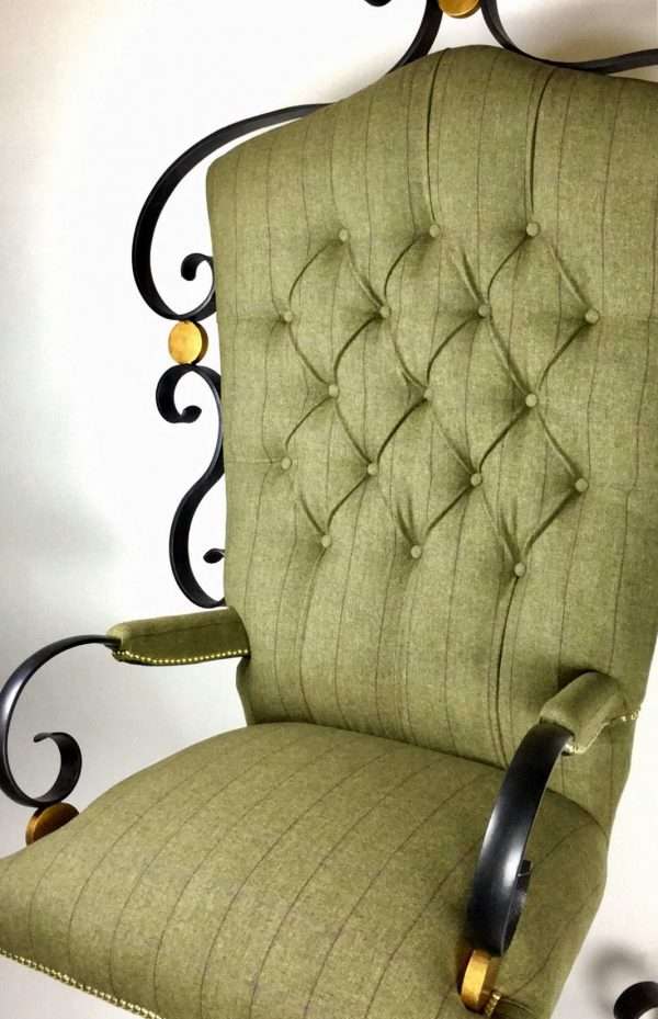 download 50 British Luxury Handcrafted Tweed Executive Chair   CEO Office Swivel Chair Traditionally Handmade Ironwork with an elaborate country tweed twist Designed and created by Charles Elliott, using traditional and modern techniques to create luxurious hand forged black and gold Ironwork. Upholstered by Ruth Browning Traditionally using high quality horsehair, metal springs and hand stitched webbing. Covered in various layers of padding and finished in a luxury green and purple Tweed with brass stud work.   Viewing welcome by appointment only   Worldwide Shipping Available! All Commissions Welcome www.elliottoflondon.co.uk info@elliottoflondon.co.uk