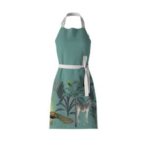 Darwin's Menagerie Green Bib Apron features the Mustard and Gray exotic print, including a peacock, zebra, leopard and palm trees